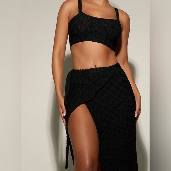 NEW NAKED WARDROBE Black Wrapped In Crochet Maxi Wrap Skirt w/ Waist Tie Stretch - Picture 3 of 8